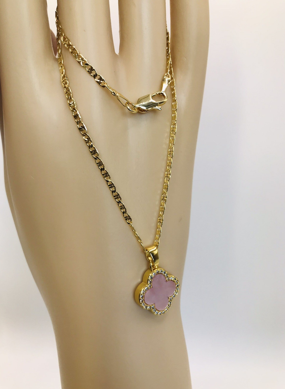 Pink Clover Pendant Necklace 18" 14K Gold Plated Cadena Oro Laminado Women